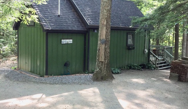 Cabin in woods, with row to the lake